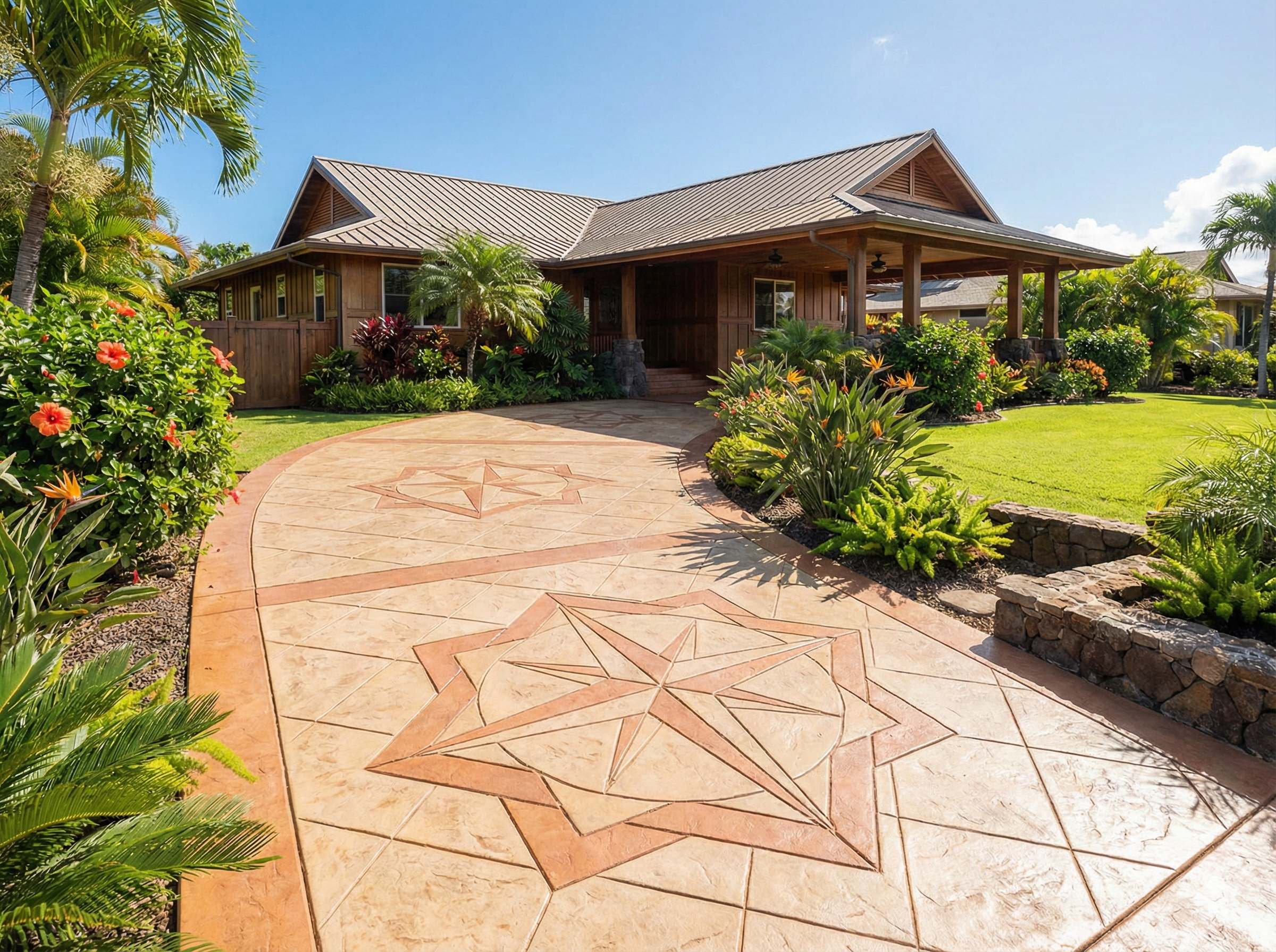 Decorative stamped concrete driveway with compass pattern