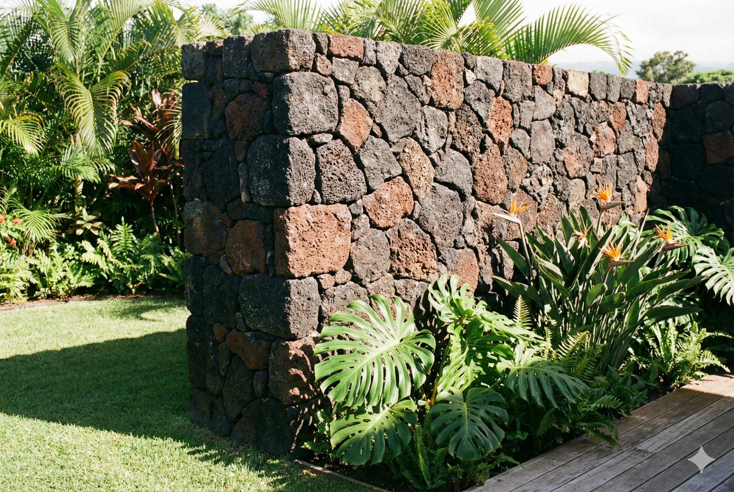 Natural lava rock wall with tropical plants