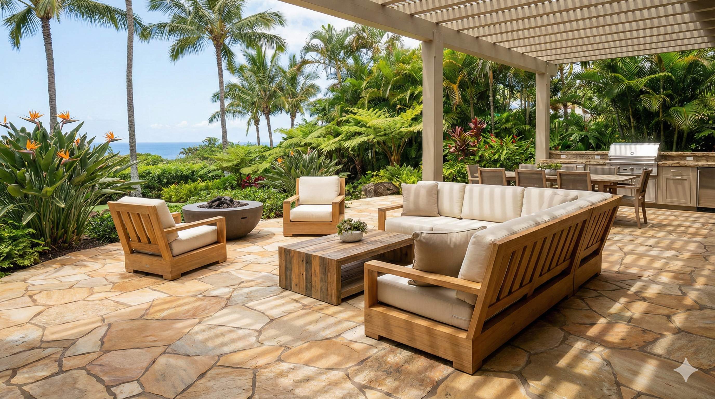 Luxury flagstone patio with ocean view