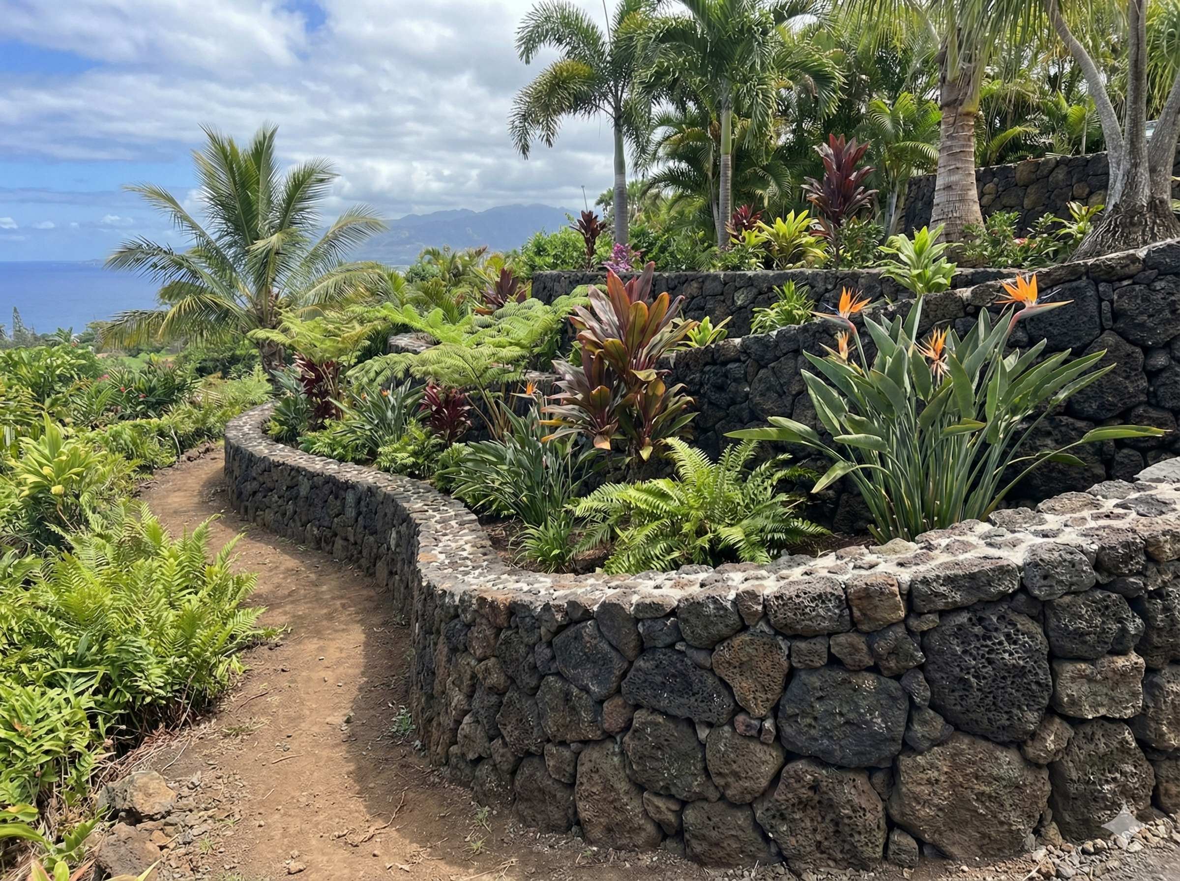 Curved lava rock retaining walls with tropical landscaping