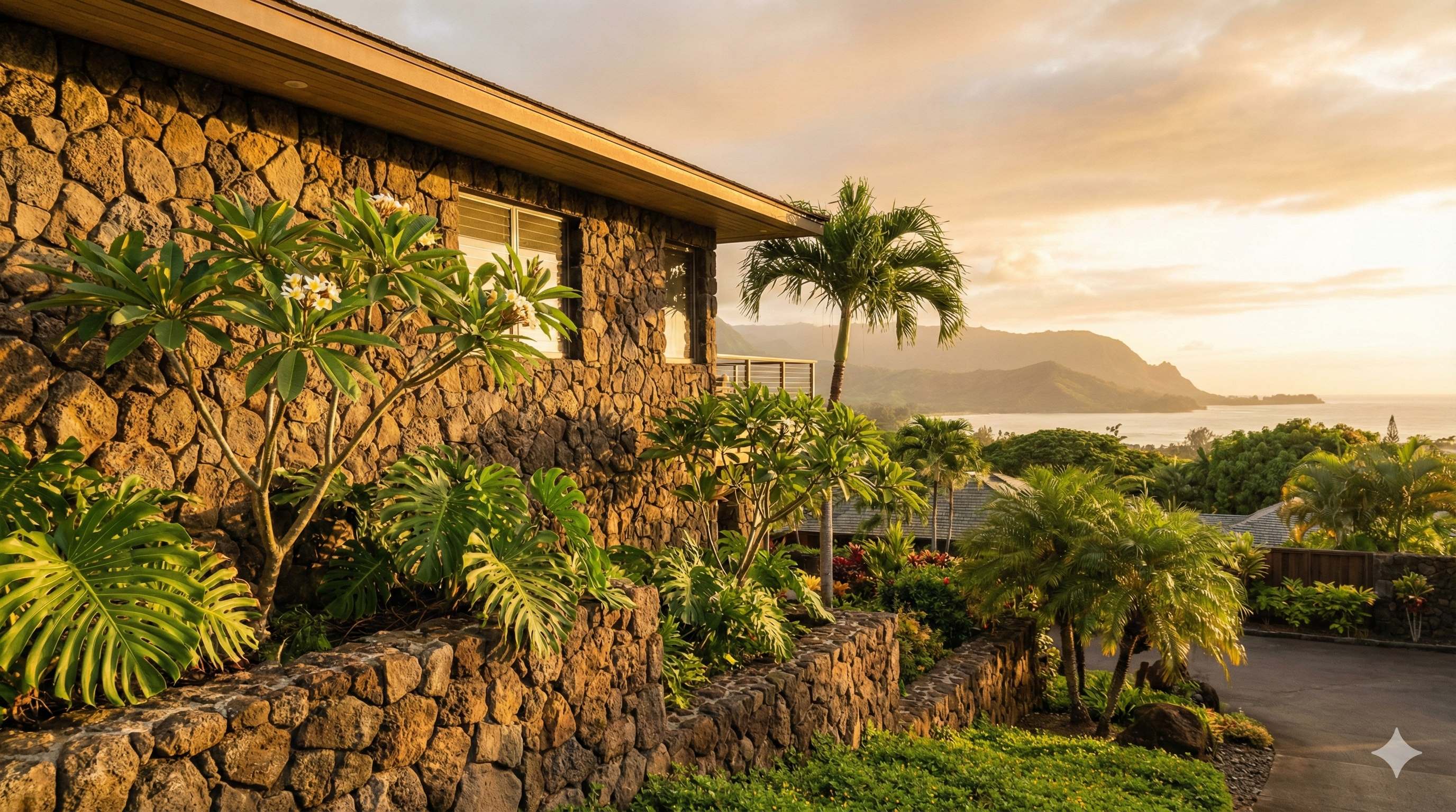 Hawaiian home with natural lava rock stone walls and tropical landscaping at golden hour