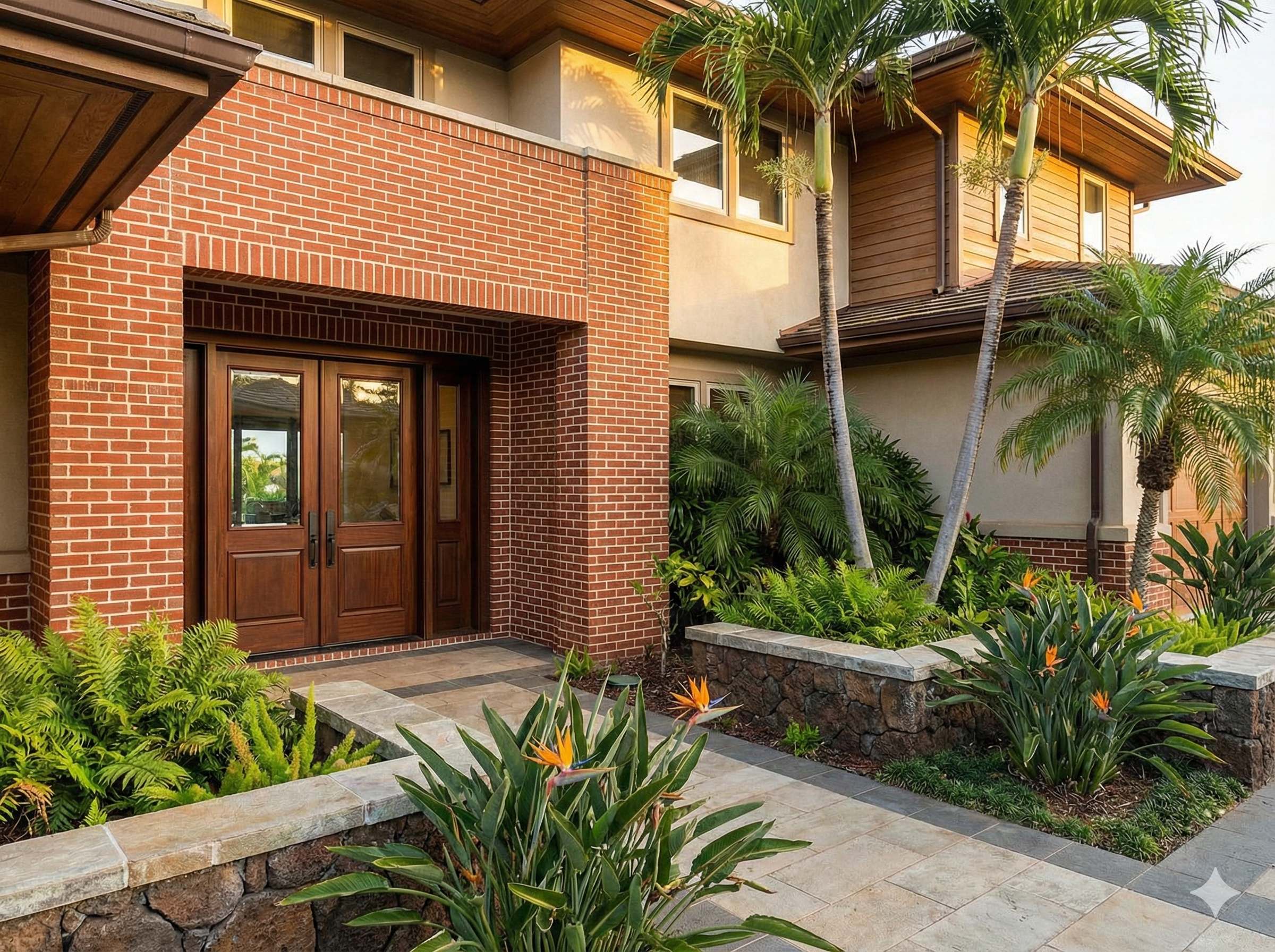 Brick facade entrance with tropical landscaping